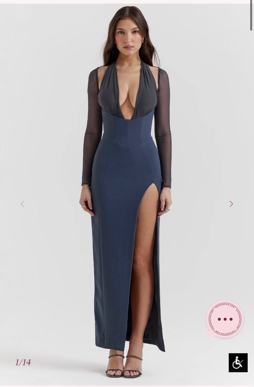 Evangelina Slate Plunge Maxi Dress