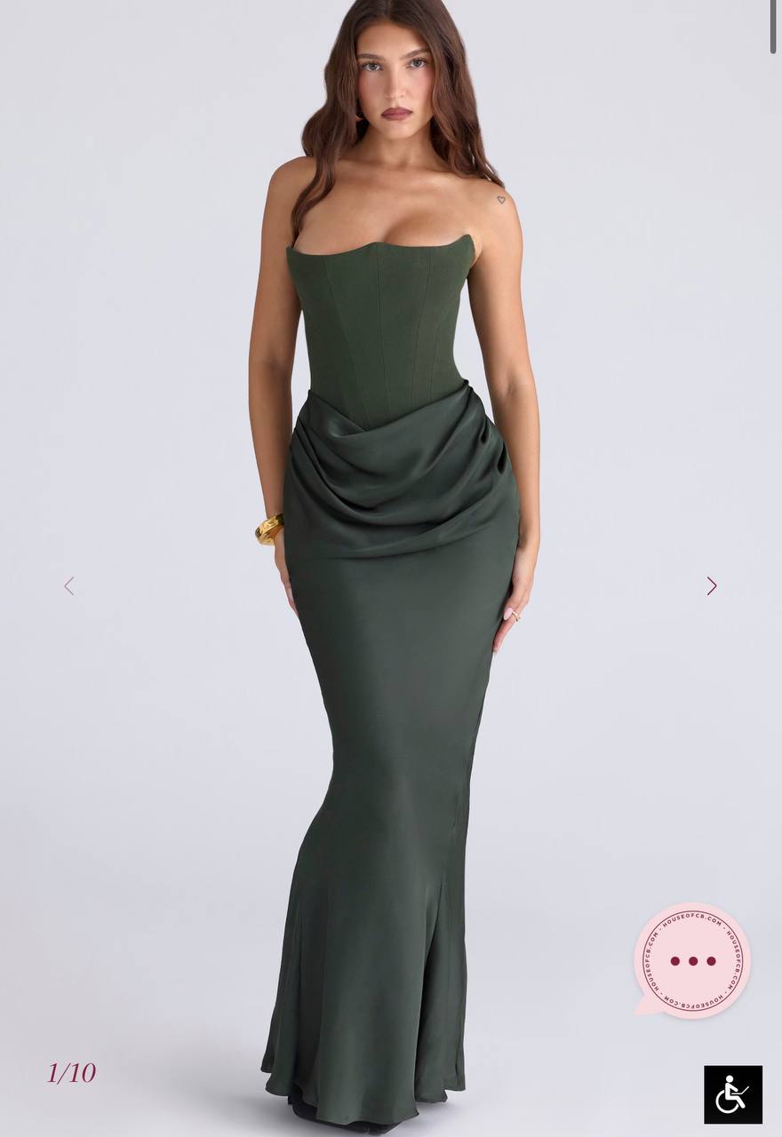 Persephone Emerald Green Crepe Strapless Corset Maxi Dress
