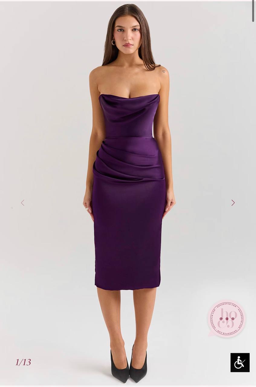 Santana Grape Satin Strapless Midi Dress
