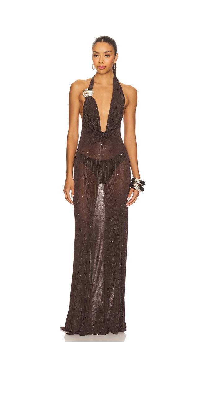 Knitted Trim Plunge Dress in Brown