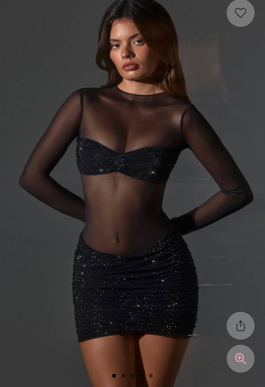 Noel Sheer Embellished Long Sleeve Mini Dress Black