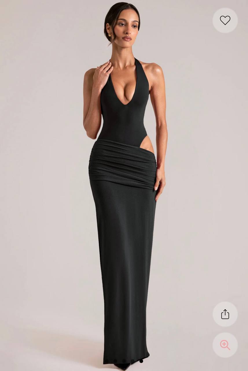 Oona Deep Plunge Halterneck Maxi Dress Black