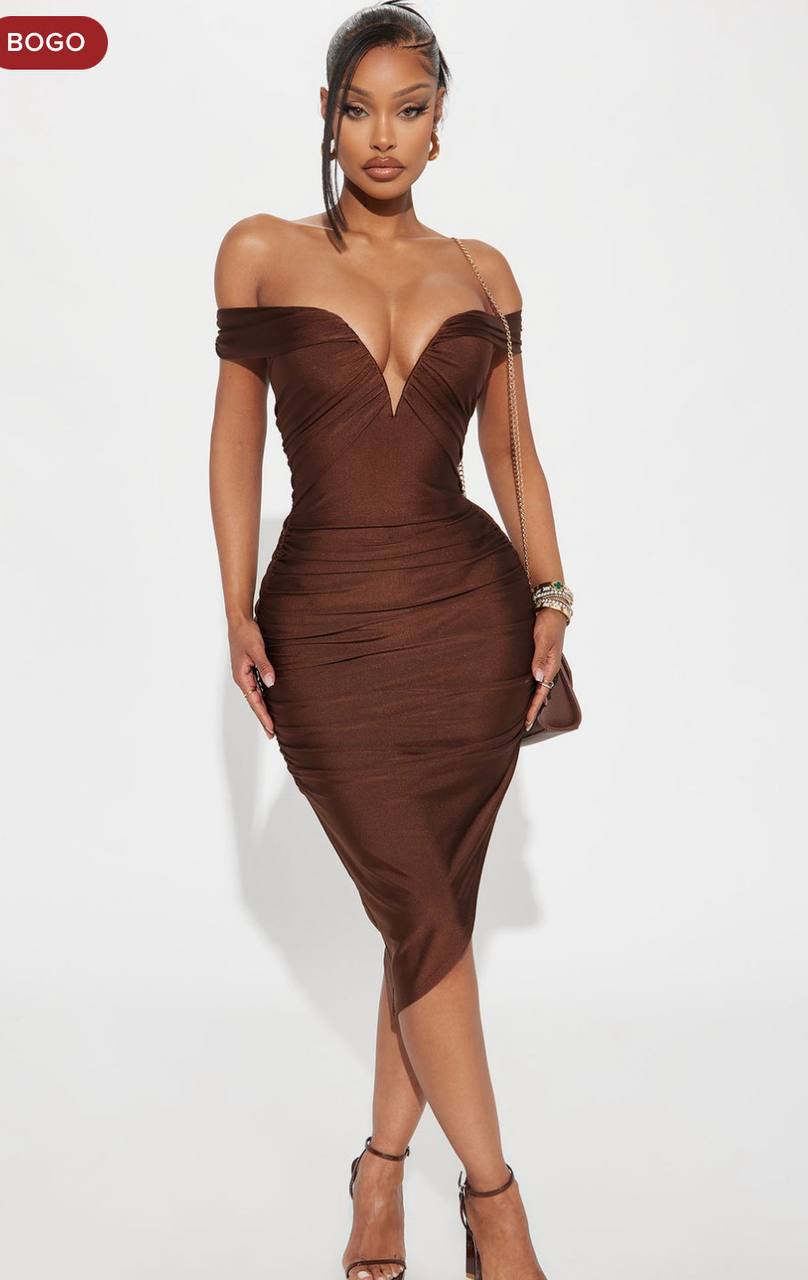 Rosalinda Off Shoulder Midi Dress Chocolate