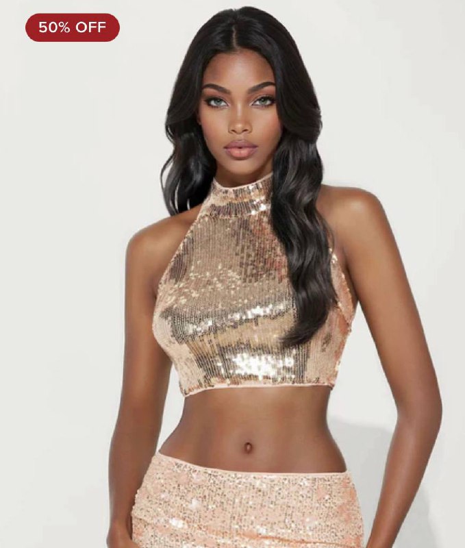 Marissa Sequin Cropped Halter Top Champagne