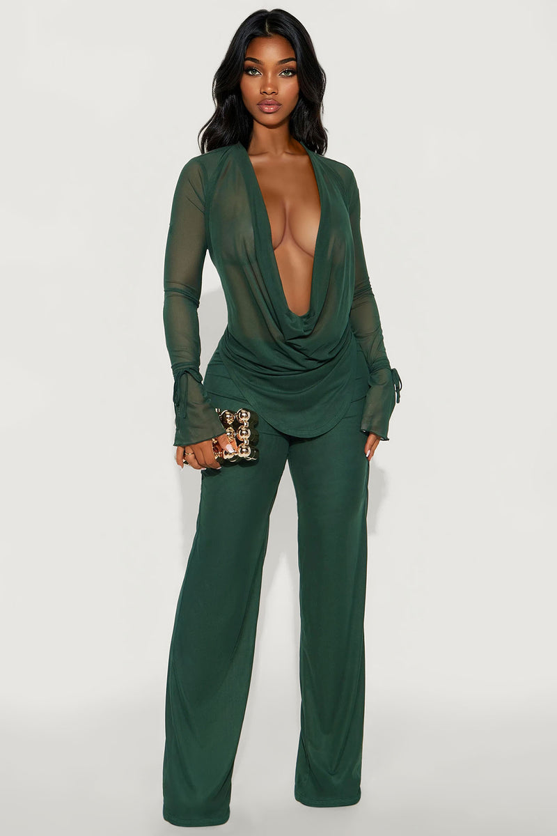 Silent Muse Cowl Neck Mesh Pant Set Hunter