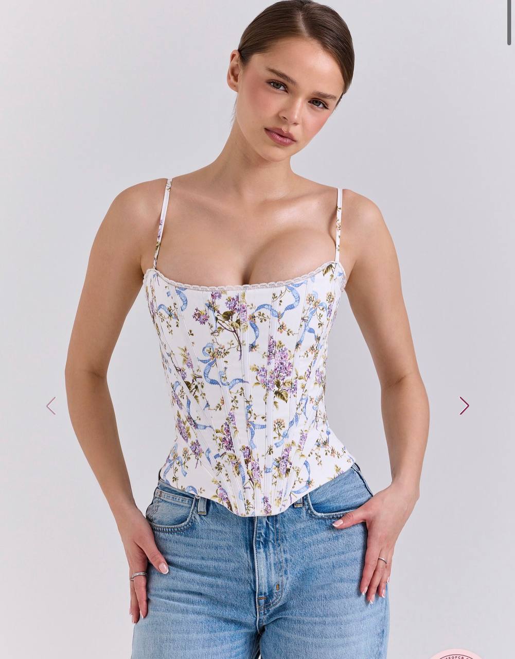 Cadie White Floral Ribbon Print Cotton Corset Top