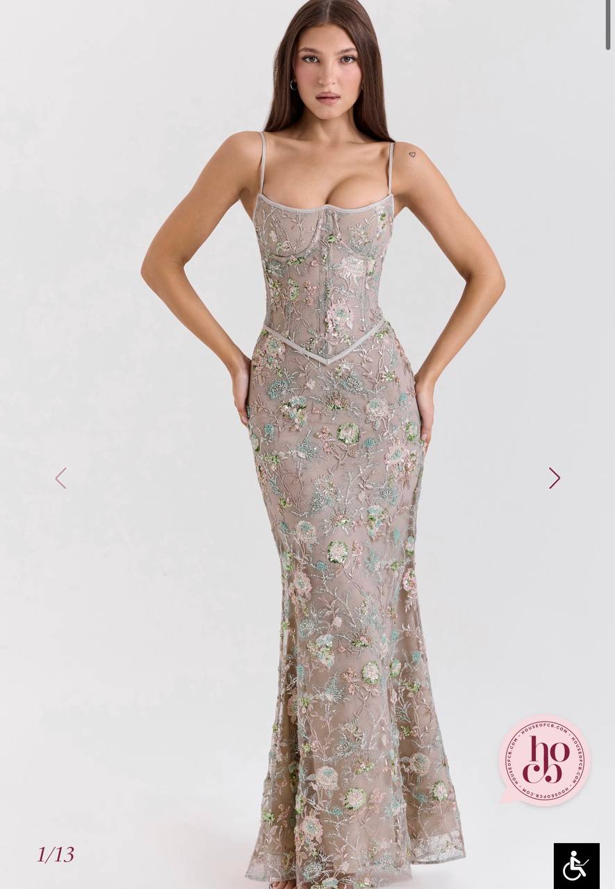 Naima Silver Sheer Embellished Beaded Corset Maxi Dress