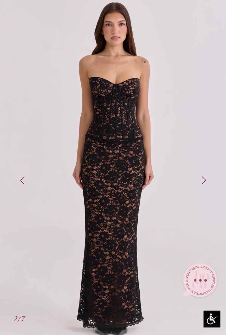 Solaine Black Floral Lace Strapless Corset Maxi Dress