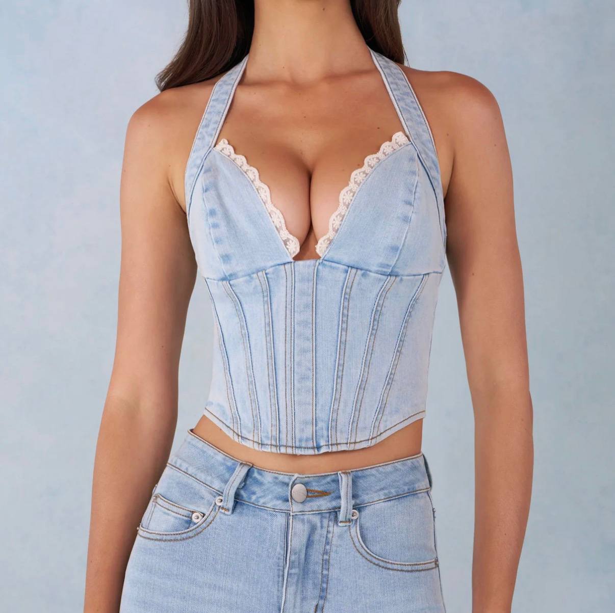 Lotta Halterneck Corset Top Light Denim