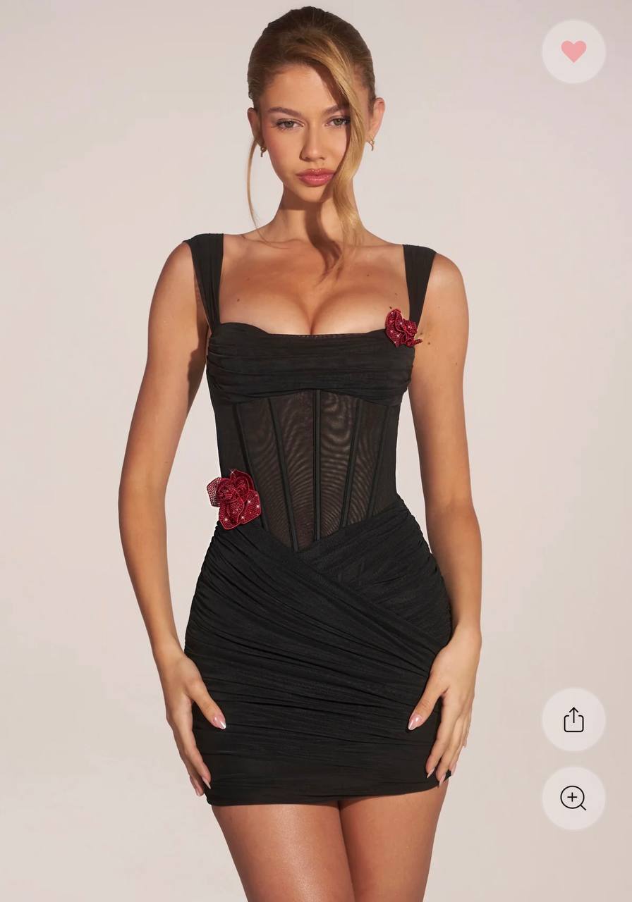 Miller Corseted Rose Mini Dress Black