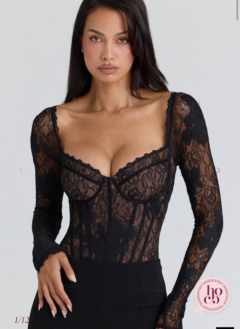 Aneira Black Lace Long Sleeve Bodysuit