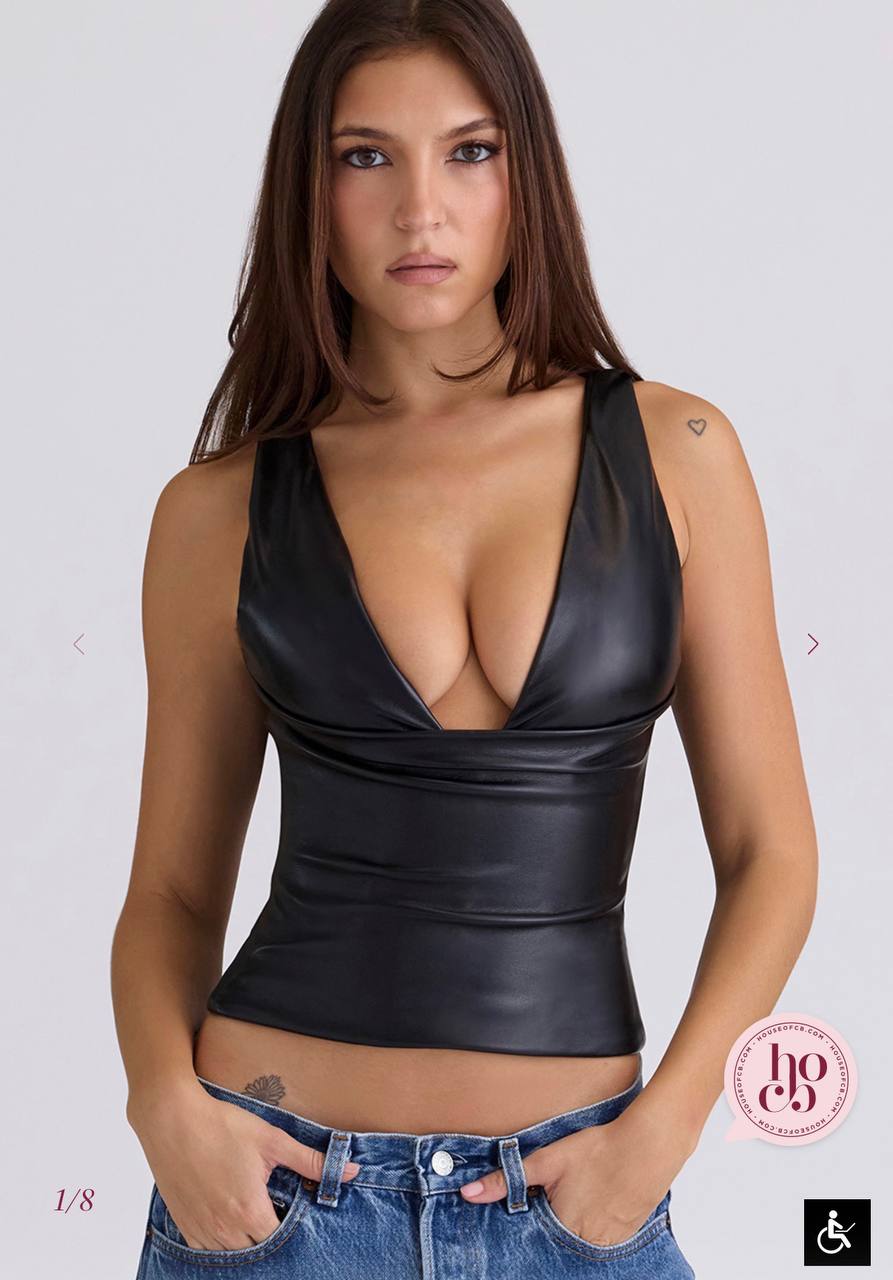 Catalina Black Vegan Leather V-Neck Top