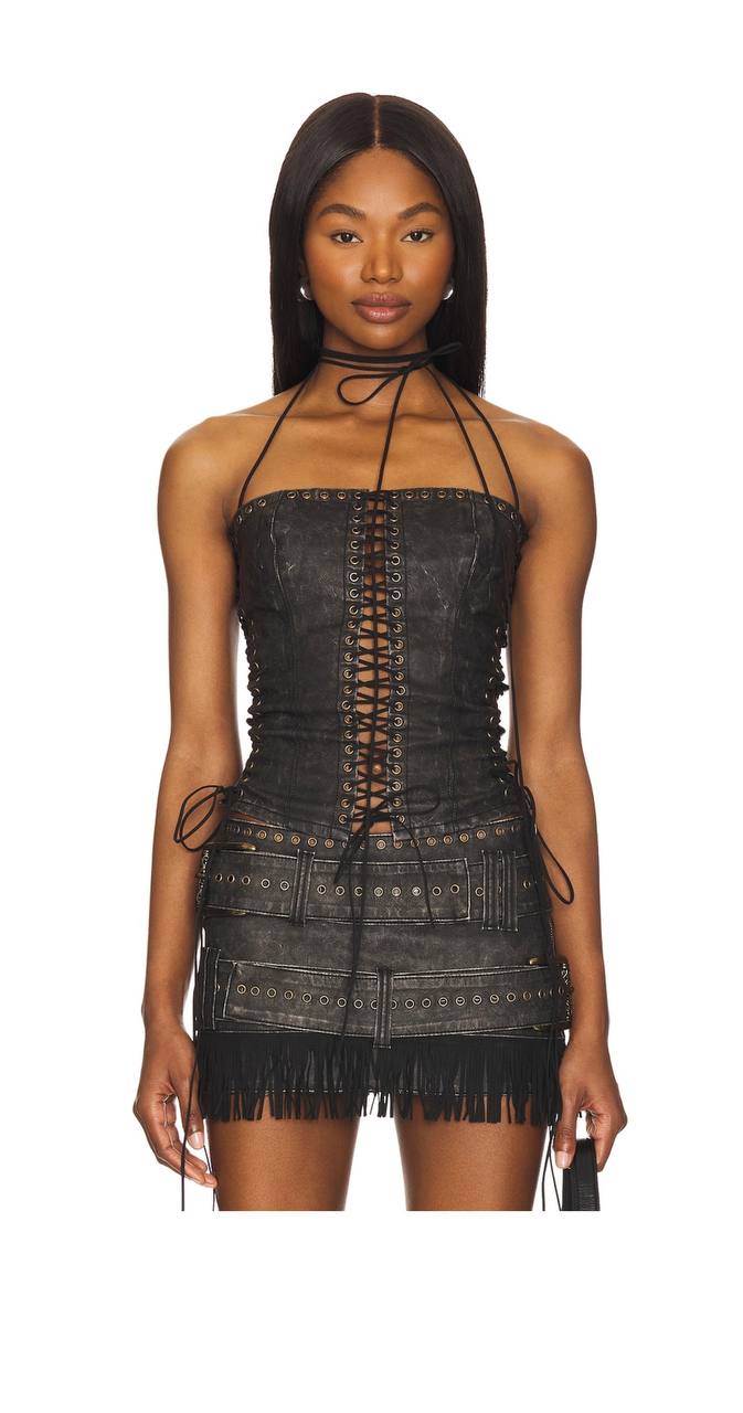 Longline Lace Up Halter Corset in Black