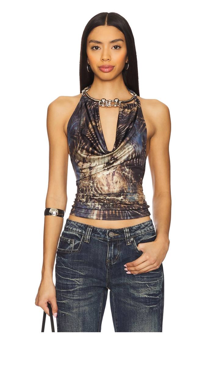 Draped Top With Chunky Neck Trim in Multi